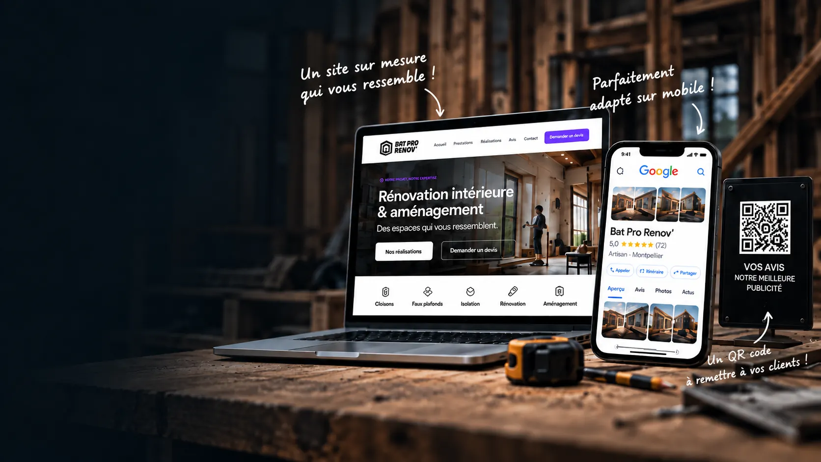 Site internet d’artisan affiché sur un ordinateur portable et un téléphone, à côté d’un panneau QR code pour les avis clients